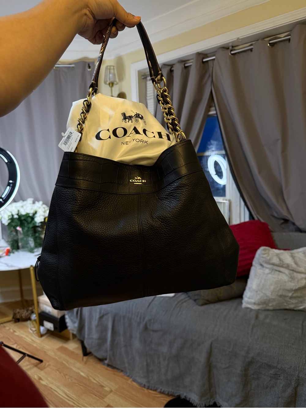Coach Black Pebbled Leather Chain-Handle Shoulder Bag